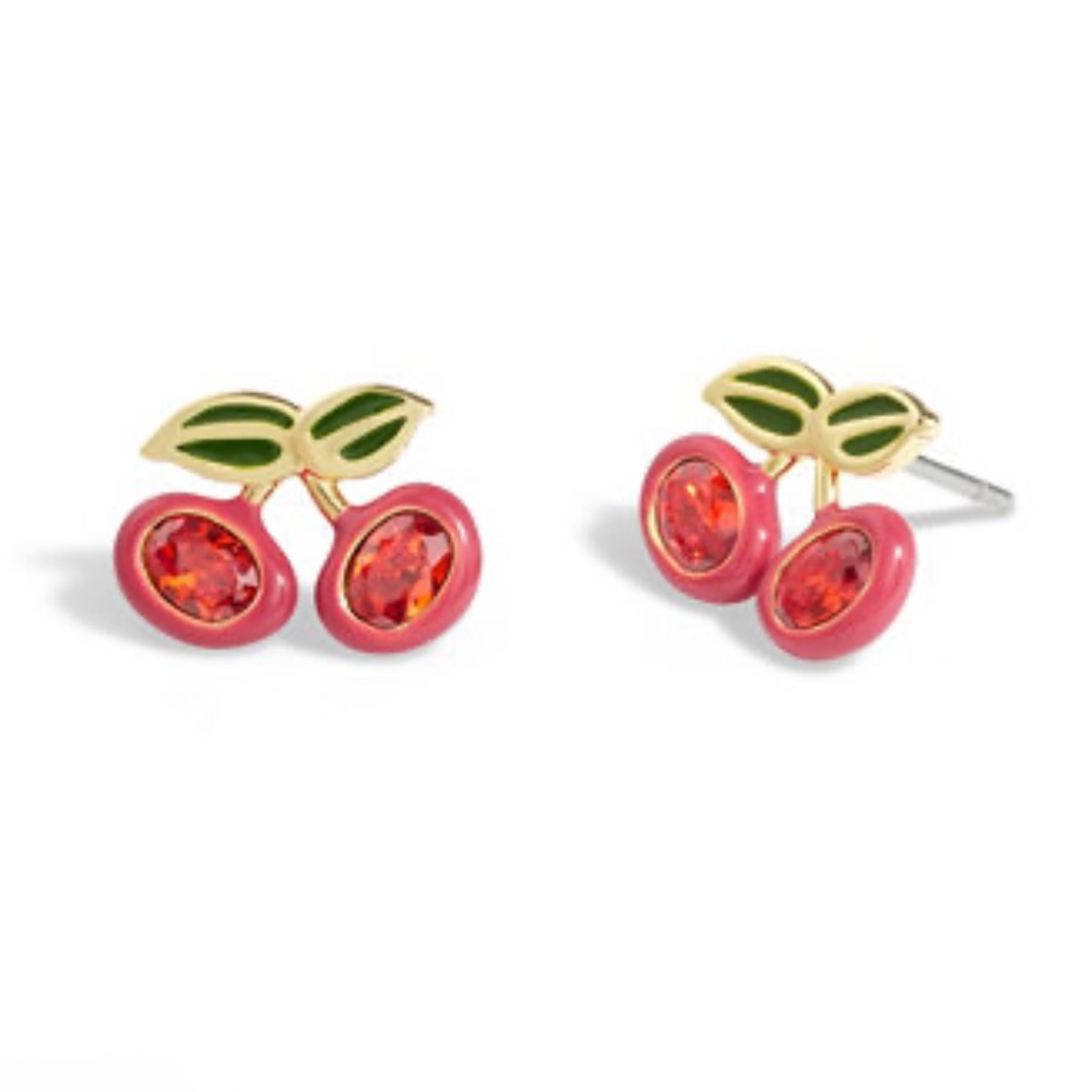 Coach Cherry Stud Earrings in Goldtone with Red and Green Enamel Accents